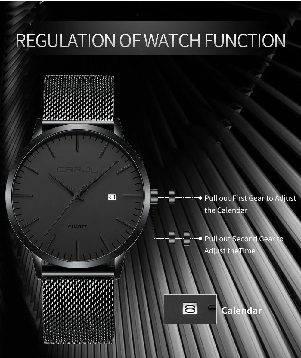 CRRJU Fashion Mens Watches Ultra Thin Quartz Watch Men Casual Slim Mesh Steel Waterproof Sport Watch Black Relogio Masculino