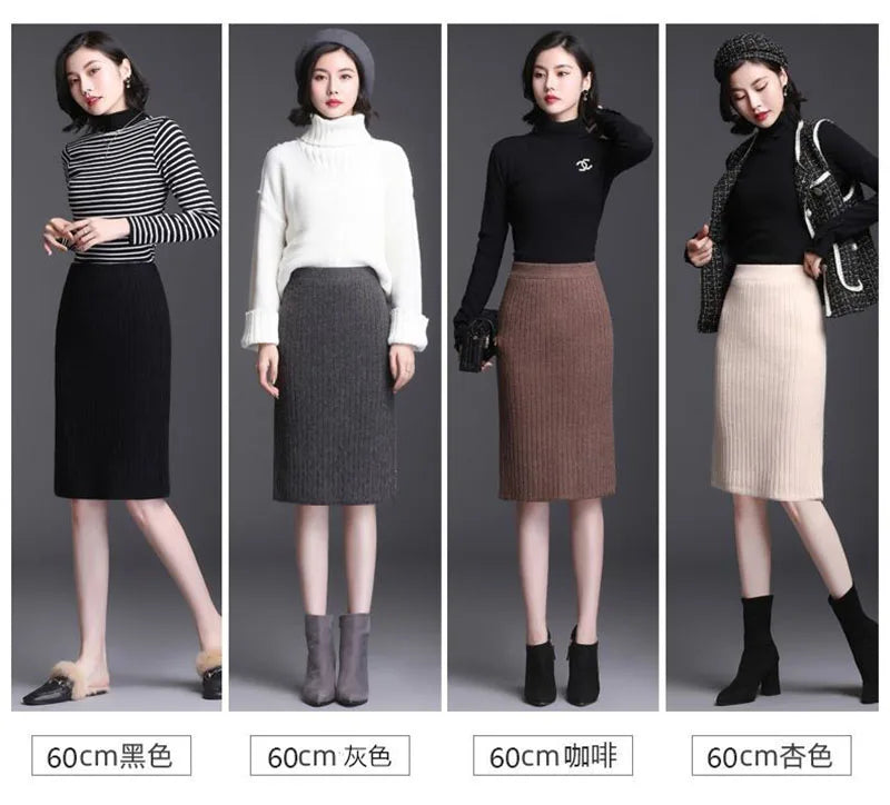 50-60-70 CM Fashion Autumn Winter Korean Knitted Women Skirts Elastic High Waist Split A-line Female Sexy Ribbed Skirts - reetell