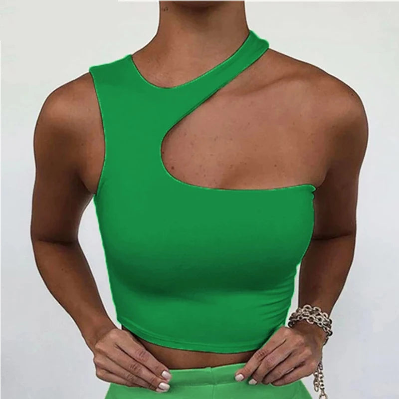 Cut Out Sexy Crop Off Shoulder Solid Skinny Sport Short Tops Women Tank Irregular Summer Tube Tops - reetell