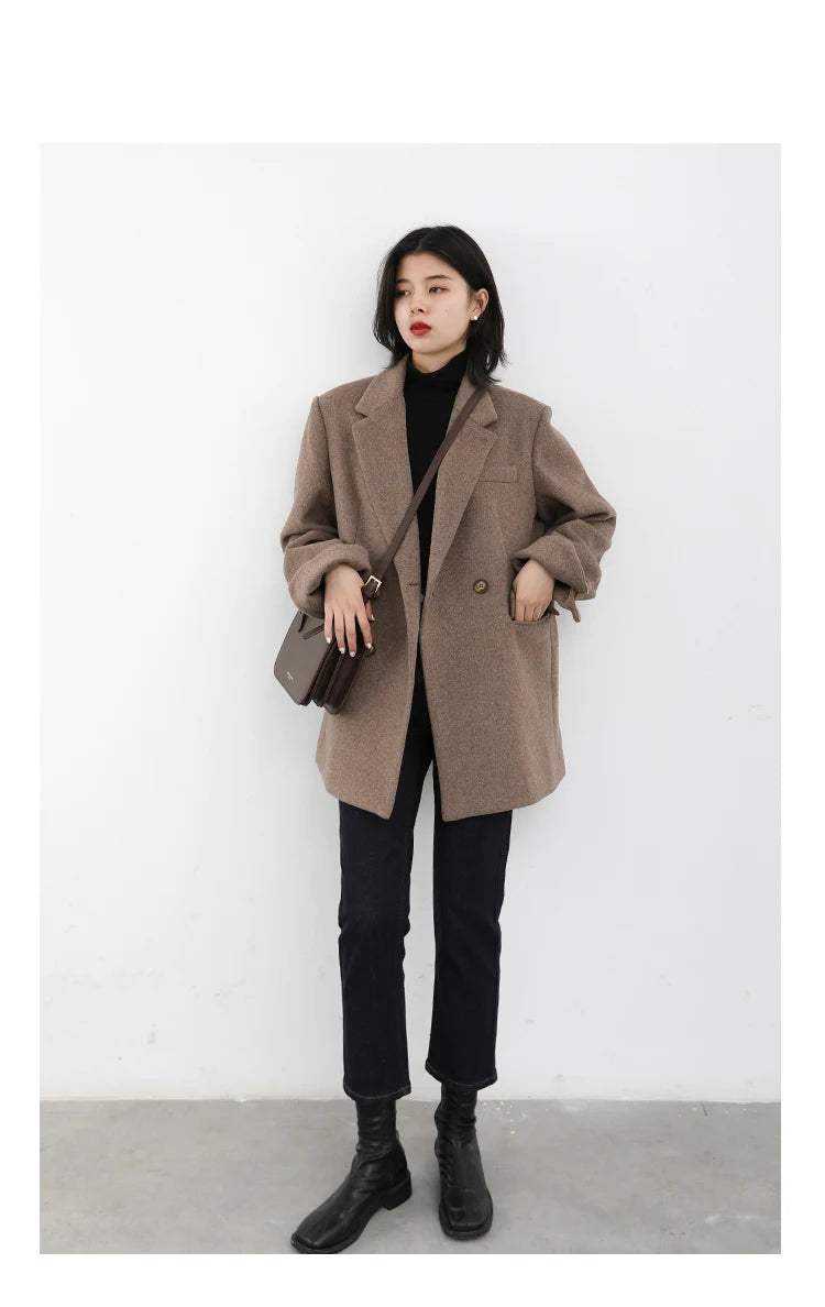 CHIC VEN Women Wool Blend Coat Solid Mid Long Woolen Blazer Thick Warm Blouse Women's Overcoat Office Lady Tops Autumn Winter - reetell