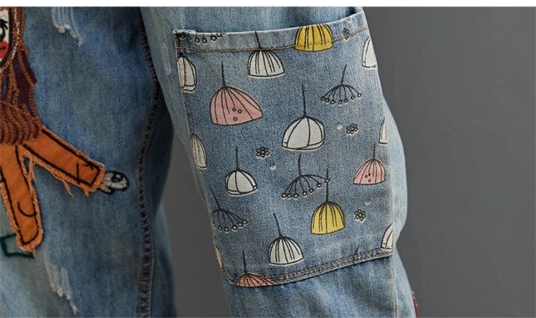 6537 Cartoon Litter Girl Embroidery Denim Pants For Women Trendy Hole Casual High Waist Breeches Pockets Mom Harem Blue Jeans - reetell