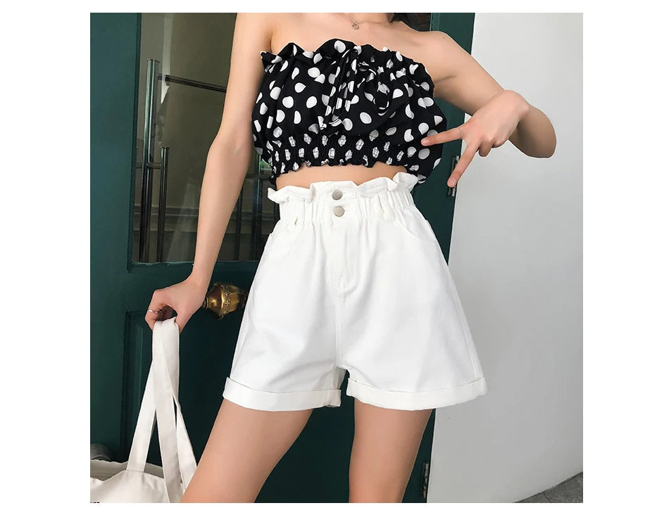 Jielur Summer Black Women Denim Shorts Women S-5XL Harem Ruffled White Blue High Waisted Shorts Female Elastic Short Jeans - reetell