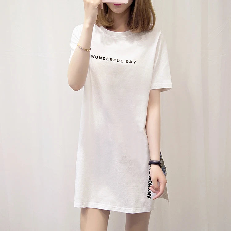 WONDERFUL DAY Print Long T shirts Summer Women Loose Slit Femme Tops Cotton Tshirt Short sleeve Ladies t-shirt - reetell