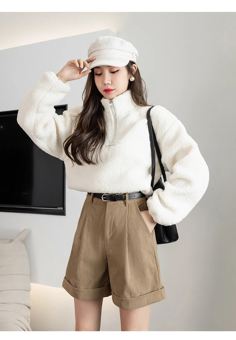 Streetwear Winter Corduroy Shorts Women Casual Loose Wide Leg Woolen Shorts With Belt High Waist Short Femme Black Khaki Brown - reetell