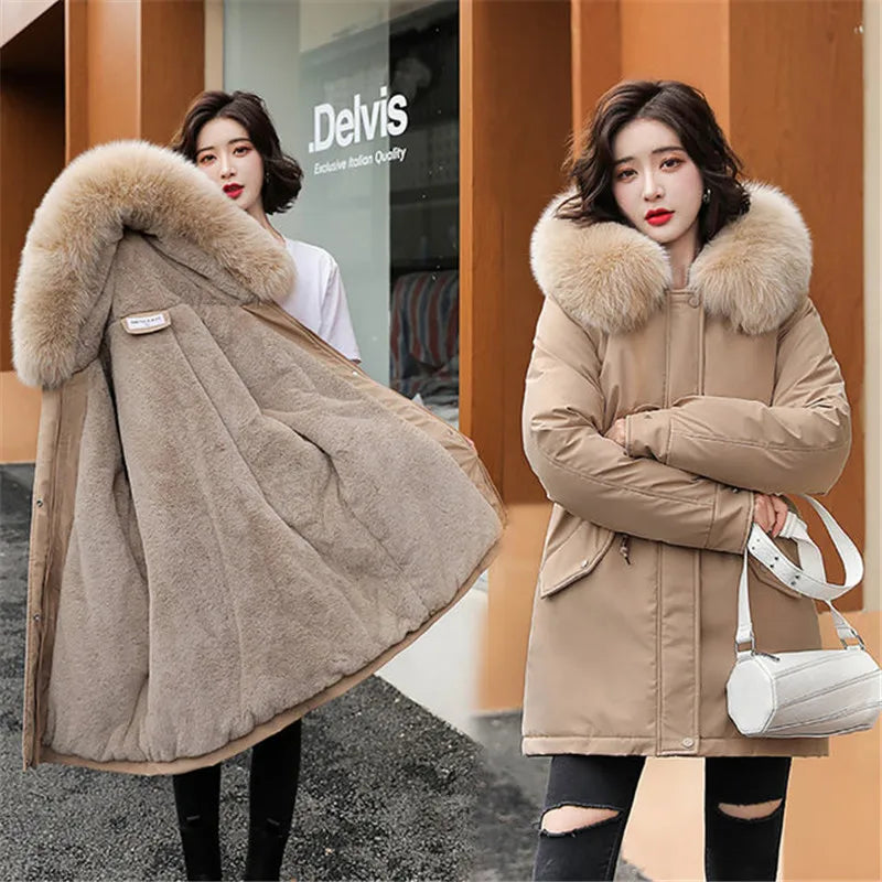 2023 New Winter Jacket Women Parka Fashion Long Coat Wool Liner Hooded Parkas Slim With Fur Collar Warm Snow Wear Padded Clothes - reetell