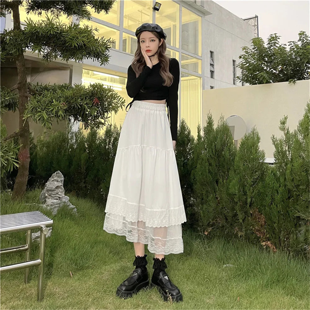 Y2k Gothic Tulle Pleated Skirt Black Lace Stitching Irregular Midi Skirt Women Vintage High Waist Long Skirt Korea Solid Hip Hop - reetell