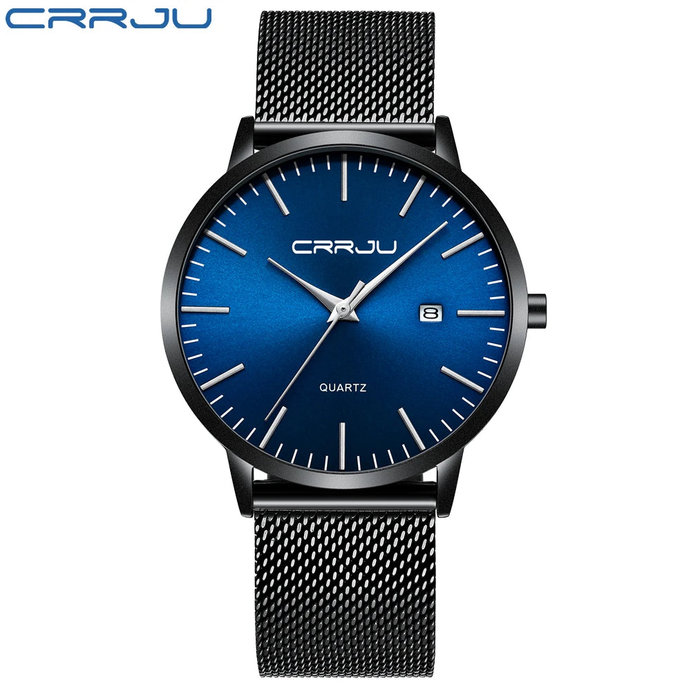 CRRJU Fashion Mens Watches Ultra Thin Quartz Watch Men Casual Slim Mesh Steel Waterproof Sport Watch Black Relogio Masculino