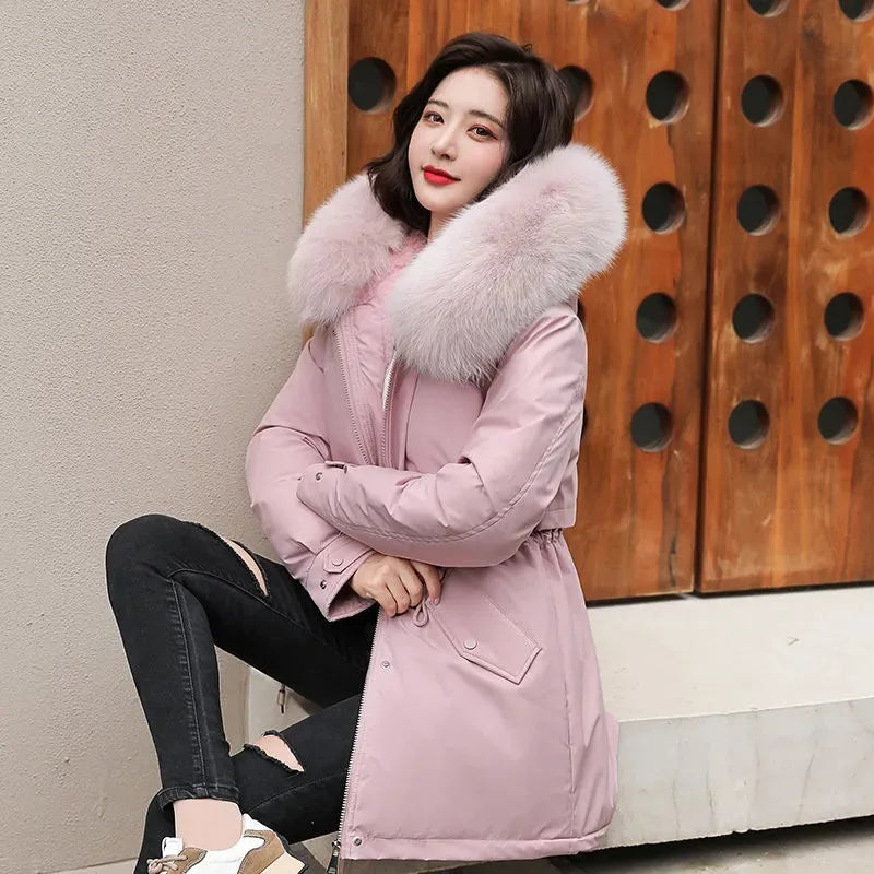 2023 New Winter Jacket Women Parka Fashion Long Coat Wool Liner Hooded Parkas Slim With Fur Collar Warm Snow Wear Padded Clothes - reetell