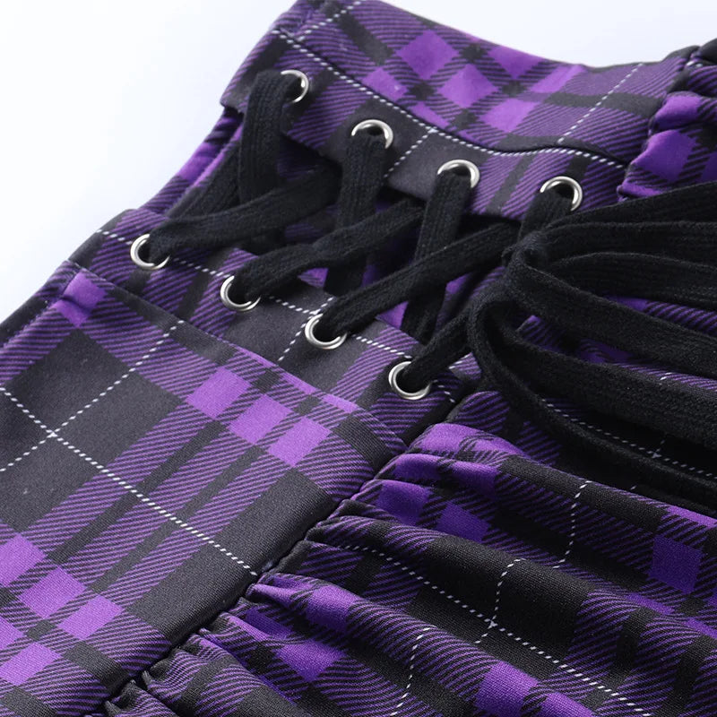 Vintage Y2K Punk Sexy High Waist Mini Skirts Purple Plaid Bandage Harajuku Aesthetic Skirt Goth Grunge Cake Skirt Streetwear - reetell