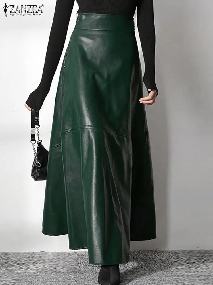 2023 Fashion Solid Mujer Faldas ZANZEA PU Leather Maxi Skirts Women's Elegant OL Long Saias Casual High Waist Zipper Jupe Femme - reetell