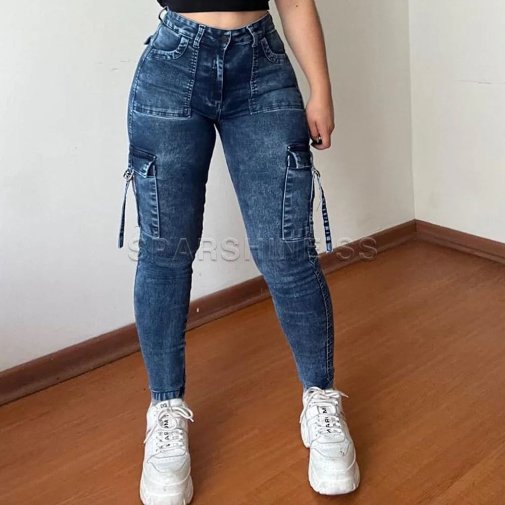 Vintage Streetwear Skinny Jeans Women Retro Y2K High Waist Jeans Casual Wash Cargo Pants Women Autumn Winter Legging Denim Pants - reetell