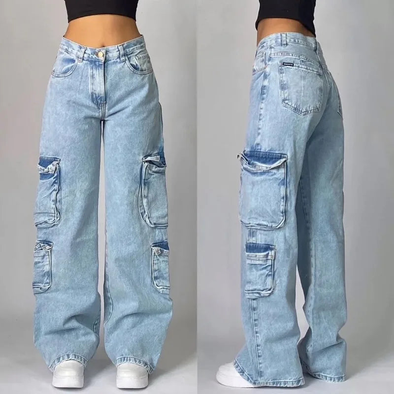 Streetwear American New Washed Light Blue Baggy Jeans Men And Women Y2K High Street Fashion Retro Punk High Waist Wide Trousers - reetell