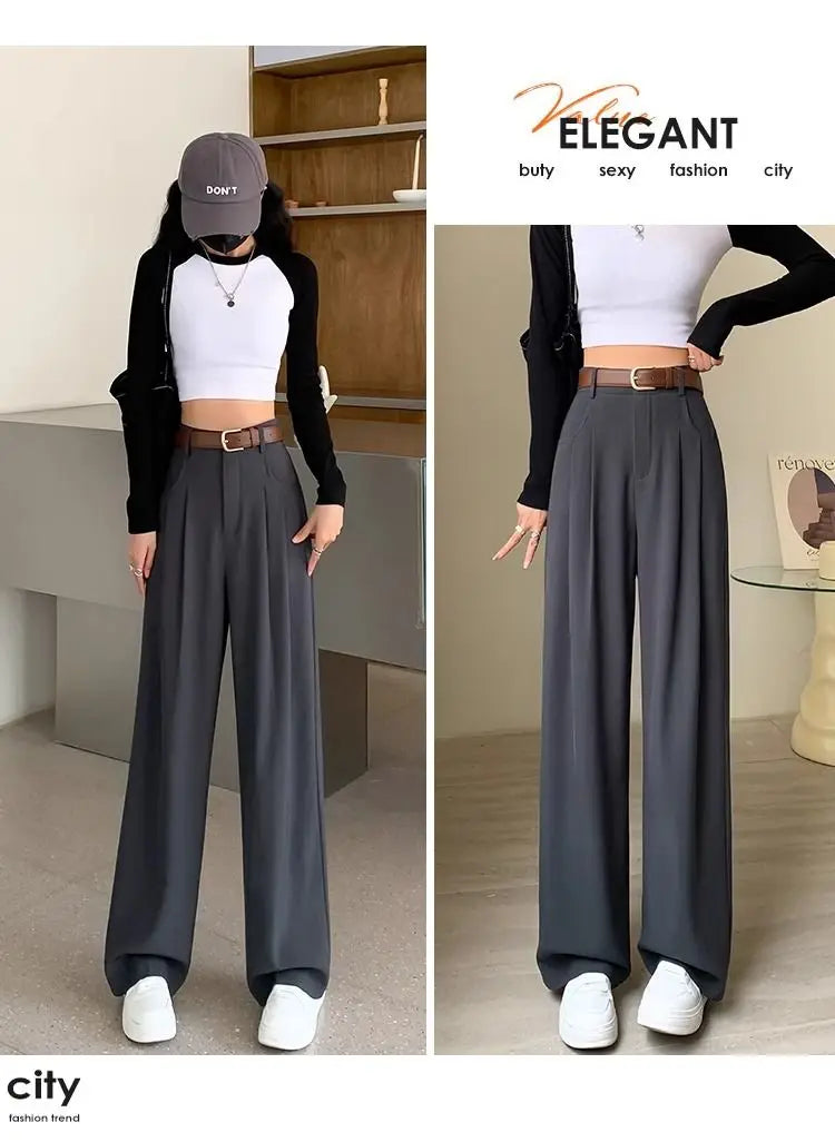 Fashion High Waist Wide Leg Pants Women Spring Fall Baggy Black Trouser Office Ladies Full Length Straight Suit Pant Outwear New - reetell