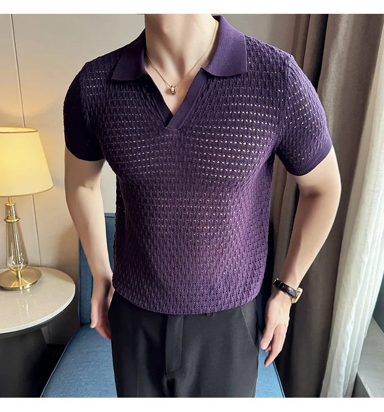 Men's Polo Shirt 2024 Summer New Light and Thin Knitted Hollow Solid Color Casual Short Sleeved V-neck T-shirt Men's Clothing