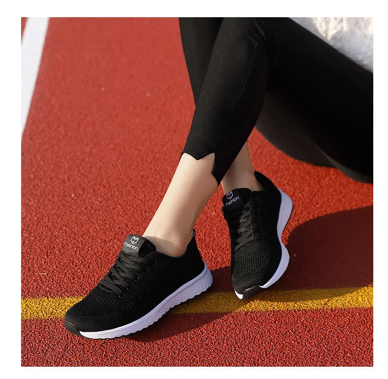 Women Casual Shoes Breathable Walking Mesh Lace Up Flat Shoes Sneakers Women Tenis Feminino Pink Black White - reetell