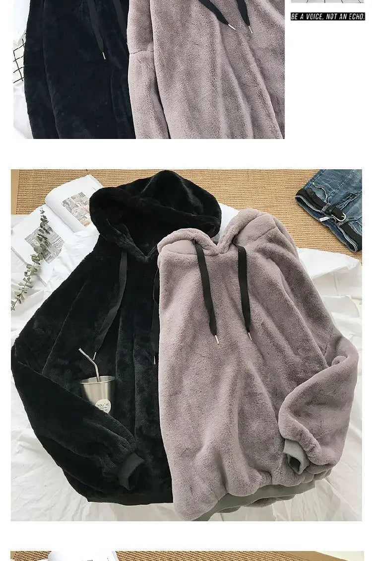 Autumn Winter Fleece-lined Hooded Long-sleeve Sweatshirt Women Hoodies Fashion Loose Couple's Warm Plush Coat Lazy Style Tops - reetell