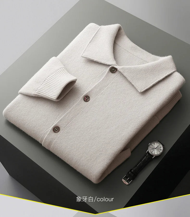 New 2023 Autumn/Winter Cashmere Cardigan Men's Polo Neck Sweater Long Sleeve Knitted Business Casual Wool Sweater Solid Color - reetell