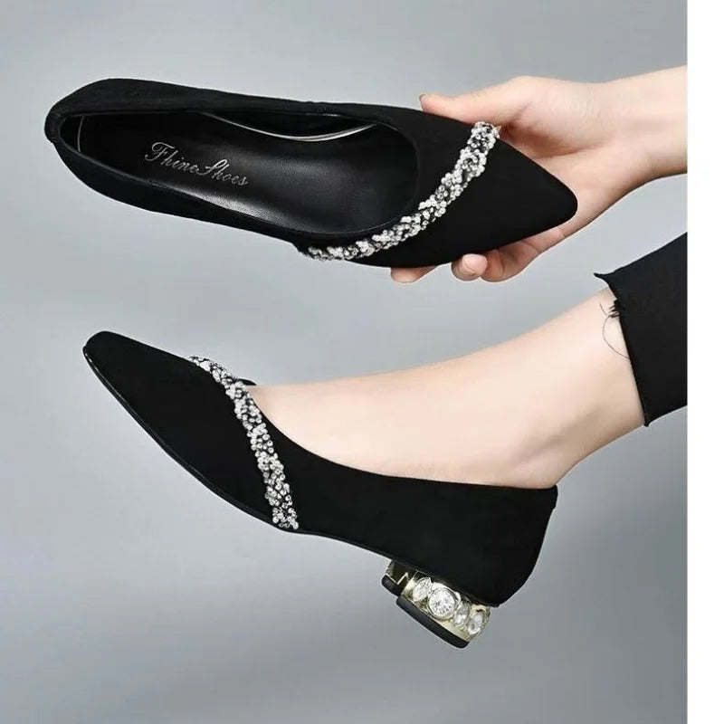 Women's Summer Footwear Diamond Shoes for Woman 2024 Rhinestone Office Low Heel Elegant with Crystals Black Stylish on Promotion