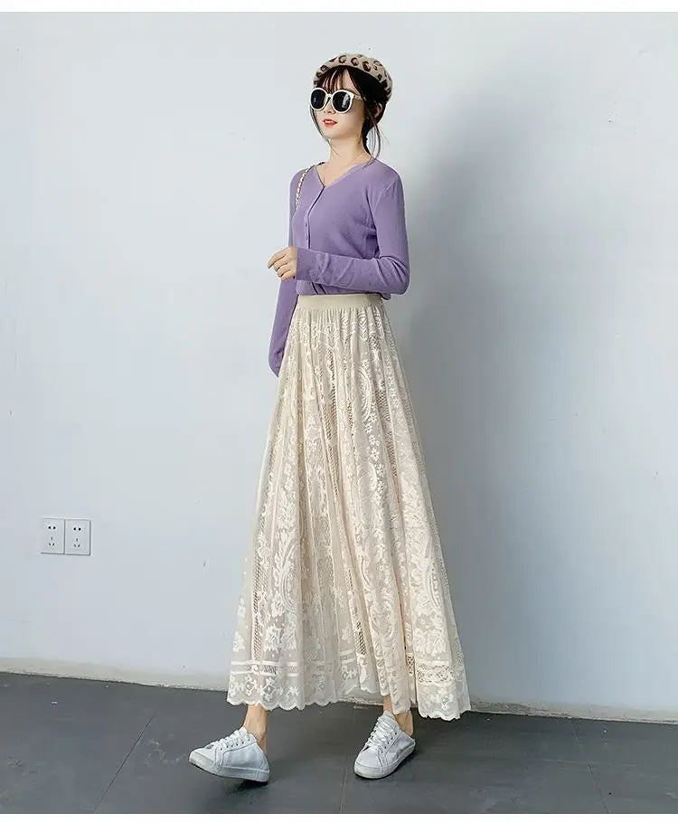 Fashion Elastic Waist Spliced Gauze Lace High Waist Skirt Women's Clothing 2024 Spring New Loose Solid Color Office Lady Skirts - reetell