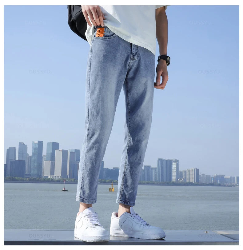 2024 New Men's Stretch Ankle Length Jeans Light blue Fashion Casual Cotton Slim Fit Denim Pants Korean Trousers Male Brand Cloth - reetell