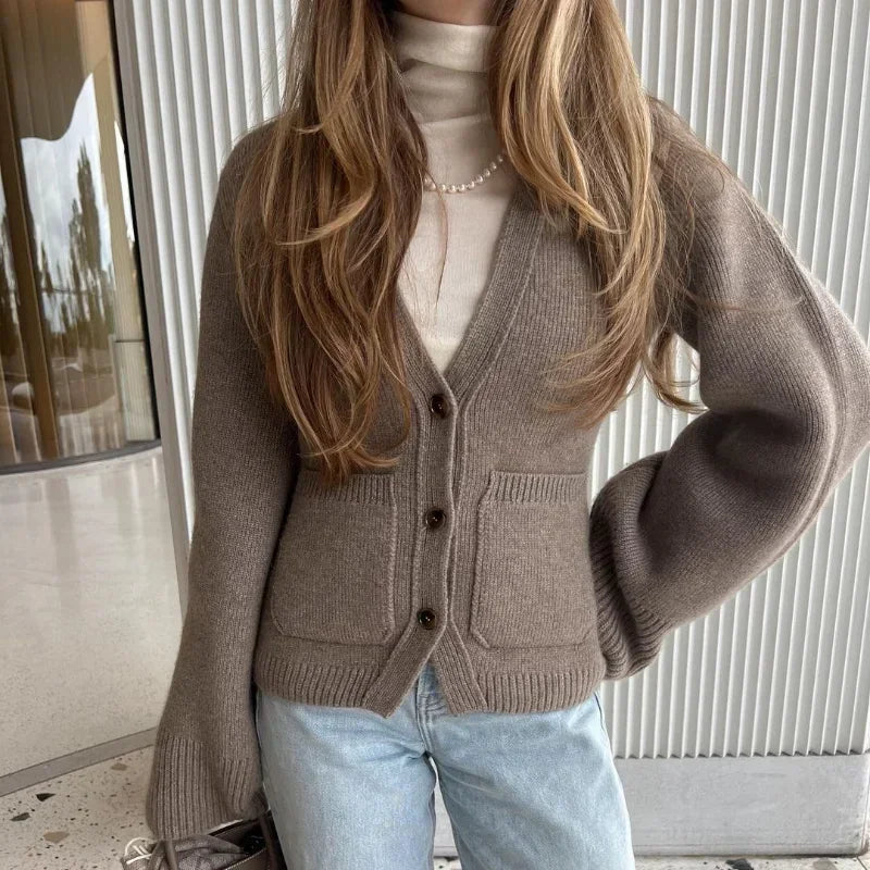 Elegant Solid Knitted Women's Cardigan V-neck Single Breasted Long Sleeves With Pocket Jumper Autumn Commute Sweater Outwear ﻿ - reetell