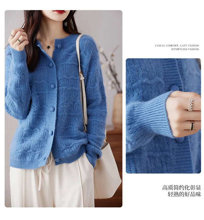 New Autumn And Winter Sweater Cardigan Jacket Women Fashion Sweet Wearing Solid Color Round Neck Sweater Top Bottoming Shirt - reetell