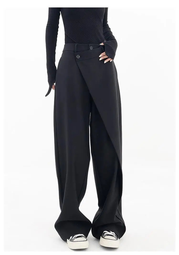 HOUZHOU Women Wide Suit Pants High Waist Gothic Japanese Style Baggy Black Trousers Irregular Straight Pants Casual Streetwear - reetell