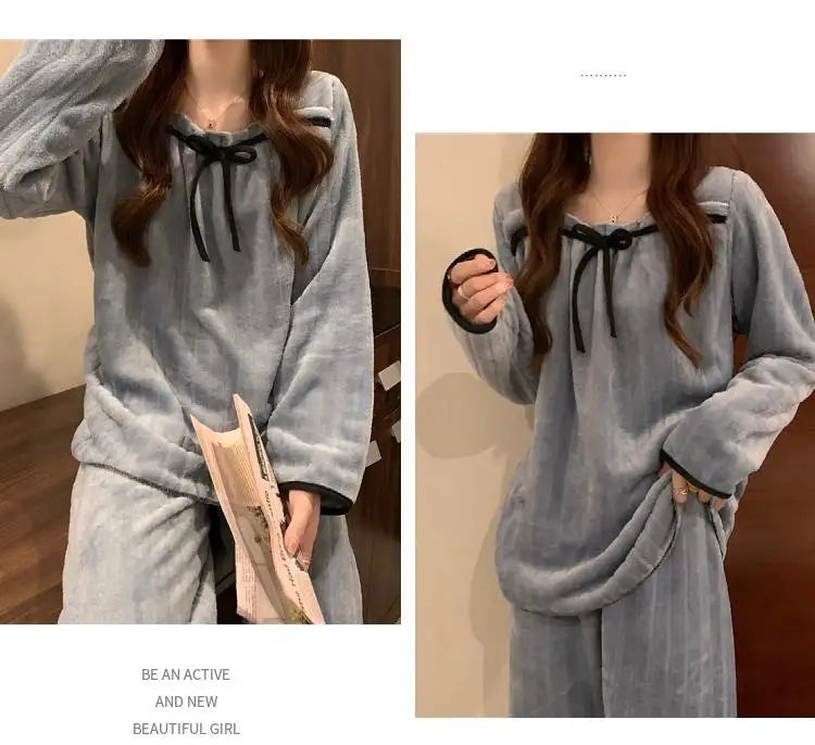 Coral Fleece Pajamas Sets for Women Autumn Winter Thick Warm Sweet Long Sleeve Sleepwear Nightgown Pijama Suit Mujer Homewear