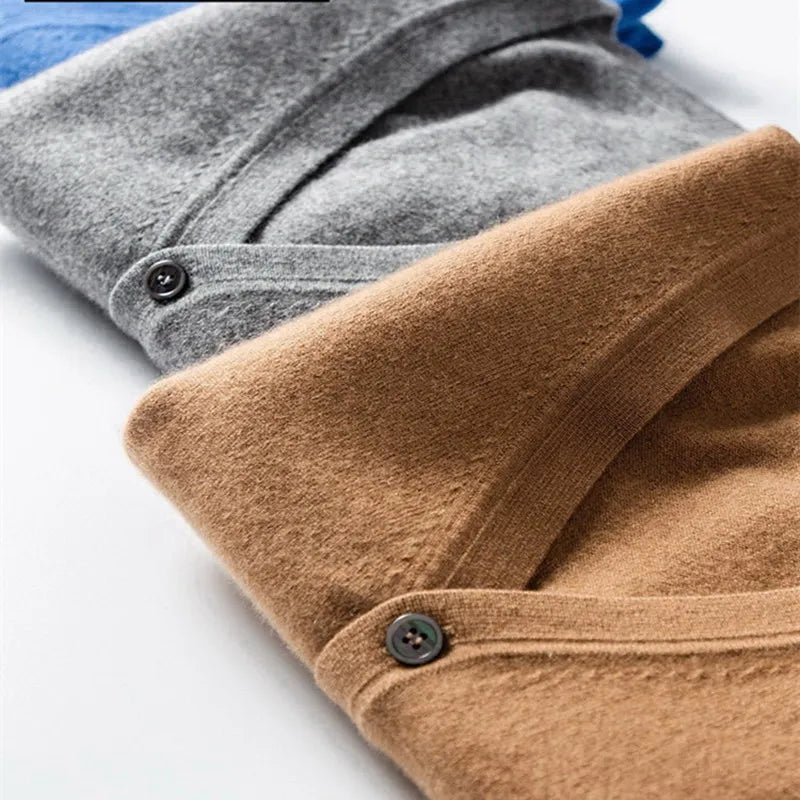 Cashmere Sweater Autumn Winter Warm Men's Casual Woollen Cardigan Sweater Thickened Solid Color V-neck Coat - reetell