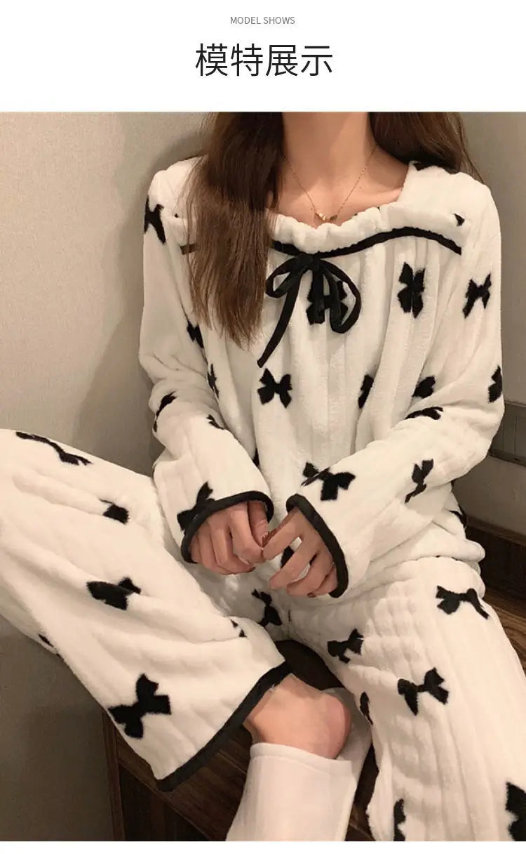 Coral Fleece Pajamas Sets for Women Autumn Winter Thick Warm Sweet Long Sleeve Sleepwear Nightgown Pijama Suit Mujer Homewear