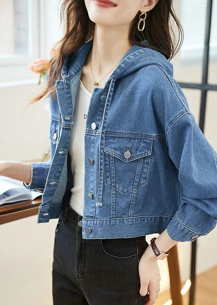 Crop Hooded Small Women's Denim Jackets Outerwears Female Jeans Coat Spring Autumn Plain Blue Short On Offer With Elegant Classy