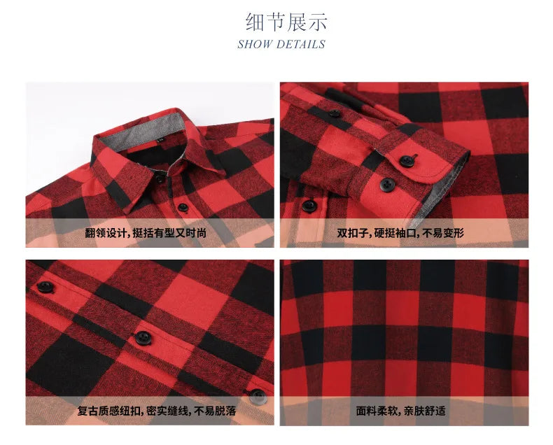 2023New Men Casual Plaid Flannel Shirt Long-Sleeved Chest Two Pocket Design Fashion Printed-Button