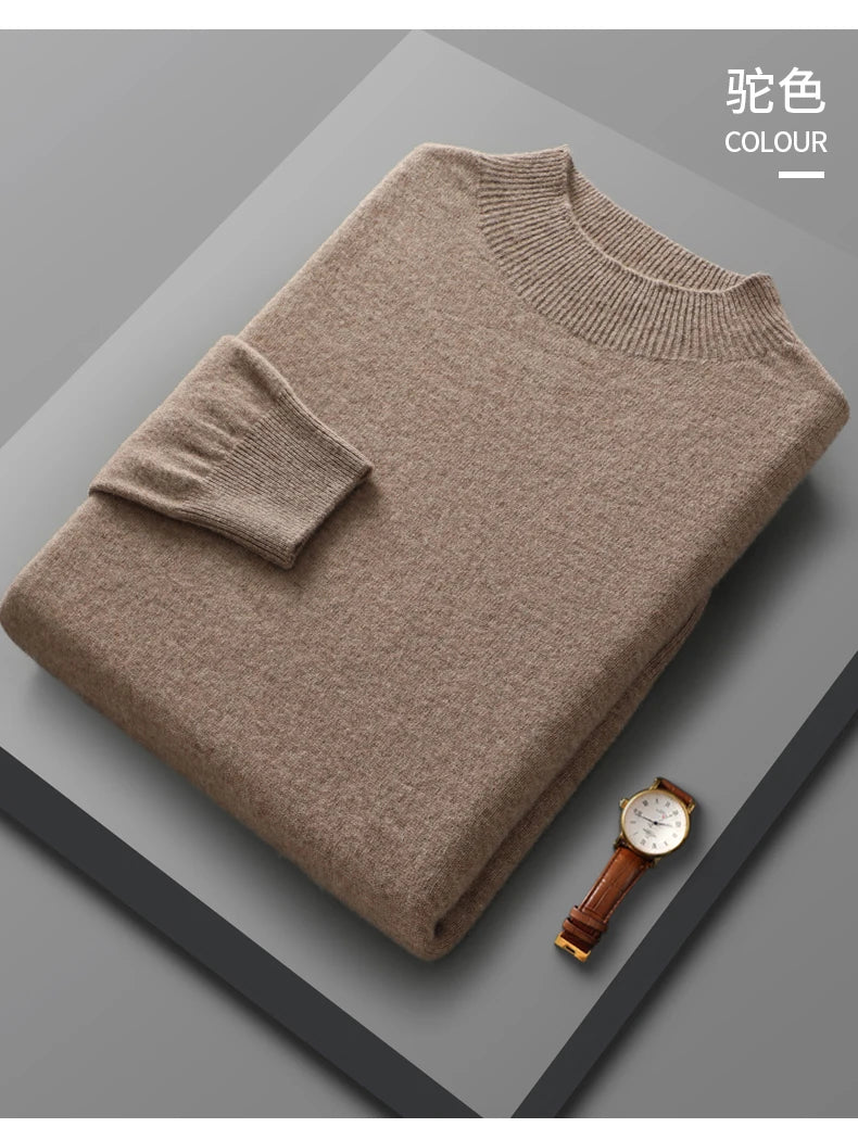 Spring Autumn 100% Merino Wool Pullover Sweater Cashmere Knitwear Men Mock-Neck Long-sleeve Basic Clothing Grace Tops - reetell