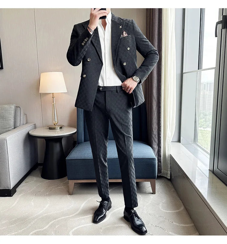 (Jacket+Pants) 2 Pieces Blue Apricot Business Party Men Suits Double Breasted Formal Style Custom Made Wedding Groom Tuxedos - reetell