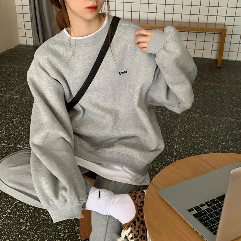 Thick Warm Sweatshirt Women Patchwork Sporty Letter Fashion Korean Pullover Winter Harajuku Clothes Basics Steetwear Tops - reetell