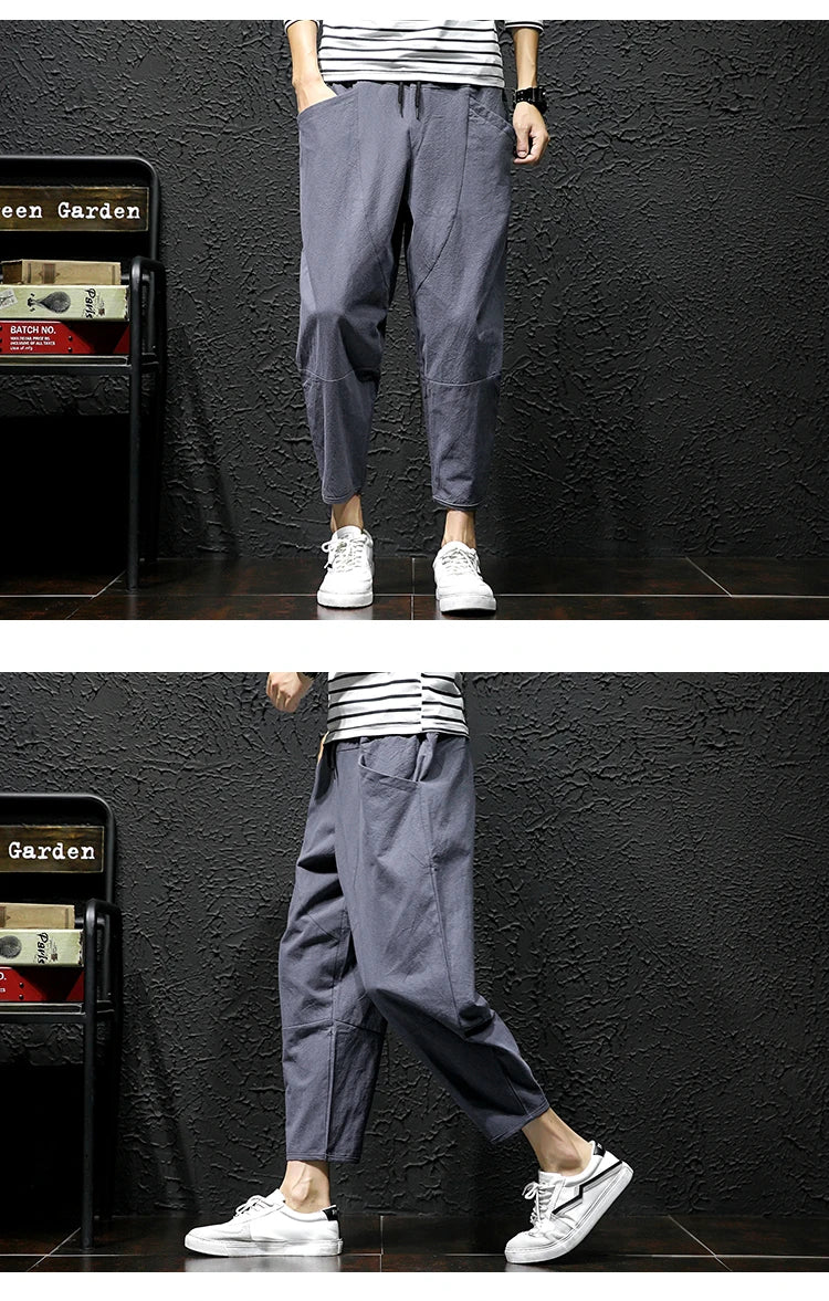 100% Cotton Ankle Length Pants Summer Casual Pants Man Trendy Japanese Loose Pants Men - reetell