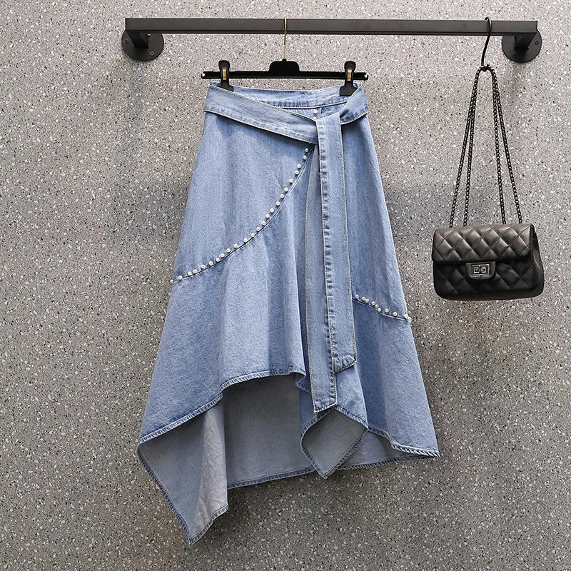 EHQAXIN Women's Casual Denim Skirt 2024 Summer New Simple Irregular Lace-Up Beaded Loose Denim Skirt Ladies Fashion Youth L-4XL - reetell