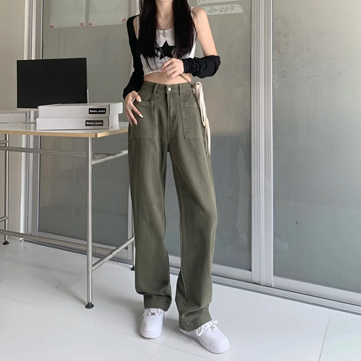 Military Green Jeans for Women High Waist Wide Legs Straight Leg Loose and Hanging Feeling Floor Length Pants High Street Trend - reetell