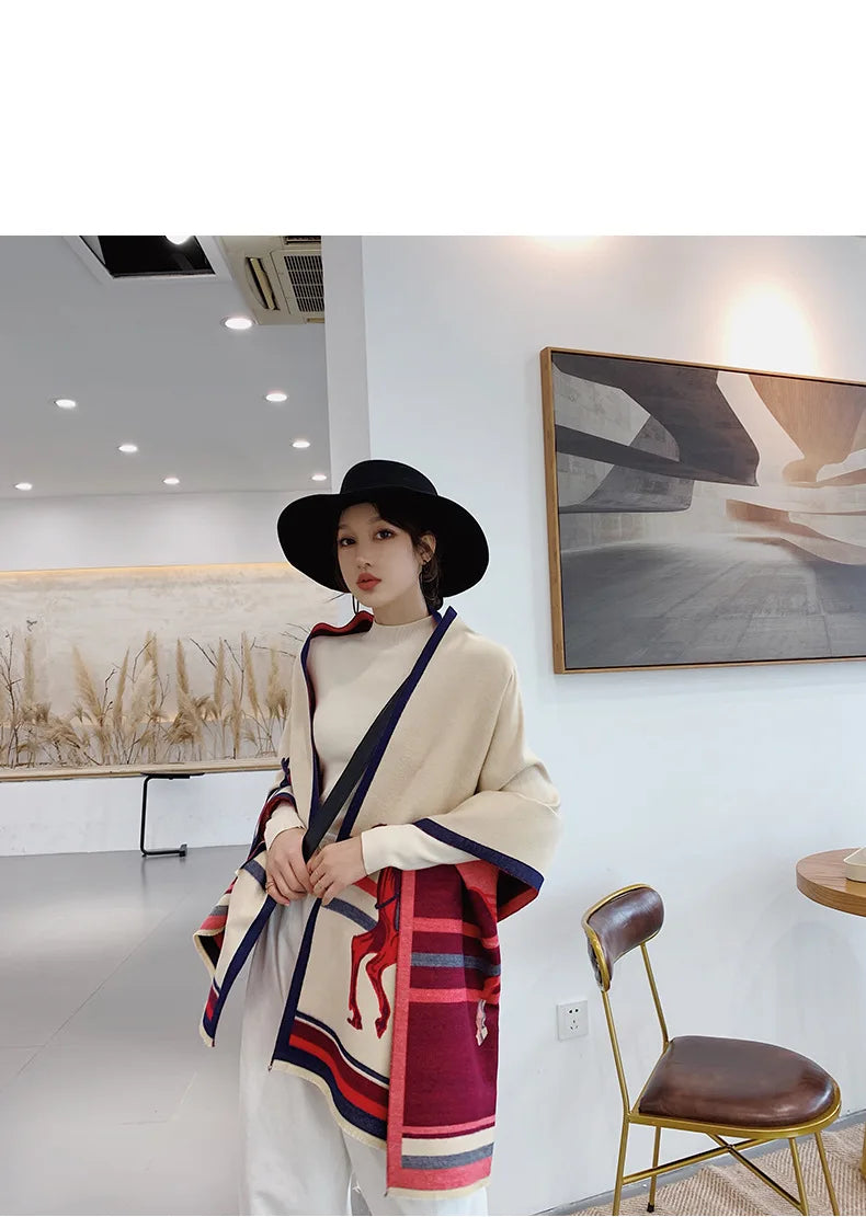 Women's Autumn Winter Horse Pattern Scarf New Luxury Cashmere Feeling Large Blanket Wrap Soft Warm Brand Shawl Retro & Classical - reetell