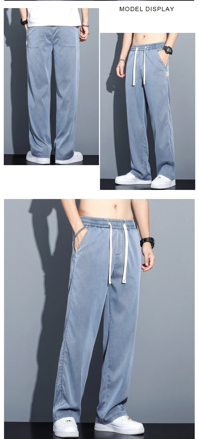 S-5XL 6Style,Men's Loose Jeans Summer Soft Lyocell Thin Fabric Straight Pants Drawstring Elastic Waist Korea Casual Trousers,Y2K - reetell