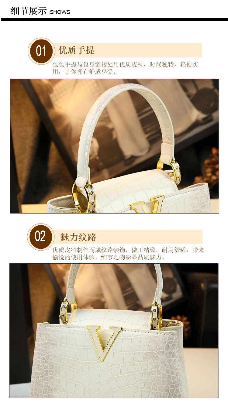 Luxury Fashion White Leather Women Handbags 2024 New Female Small Shoulder Messenger Bag Crocodile Pattern Portable Shell Bags - reetell