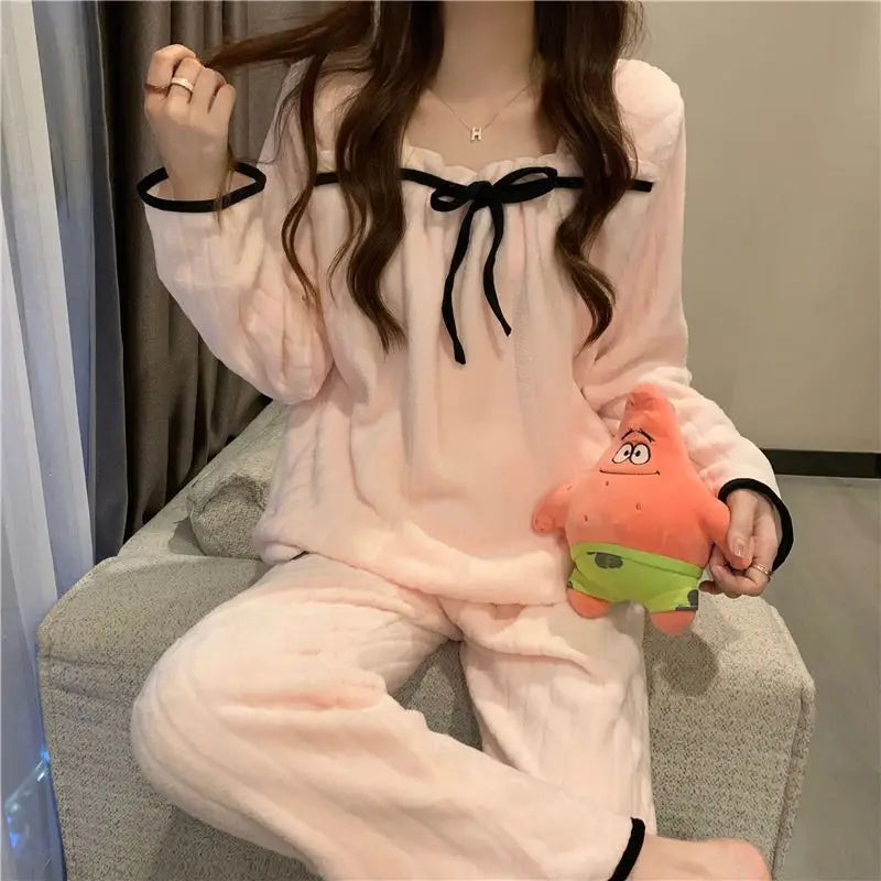 Coral Fleece Pajamas Sets for Women Autumn Winter Thick Warm Sweet Long Sleeve Sleepwear Nightgown Pijama Suit Mujer Homewear