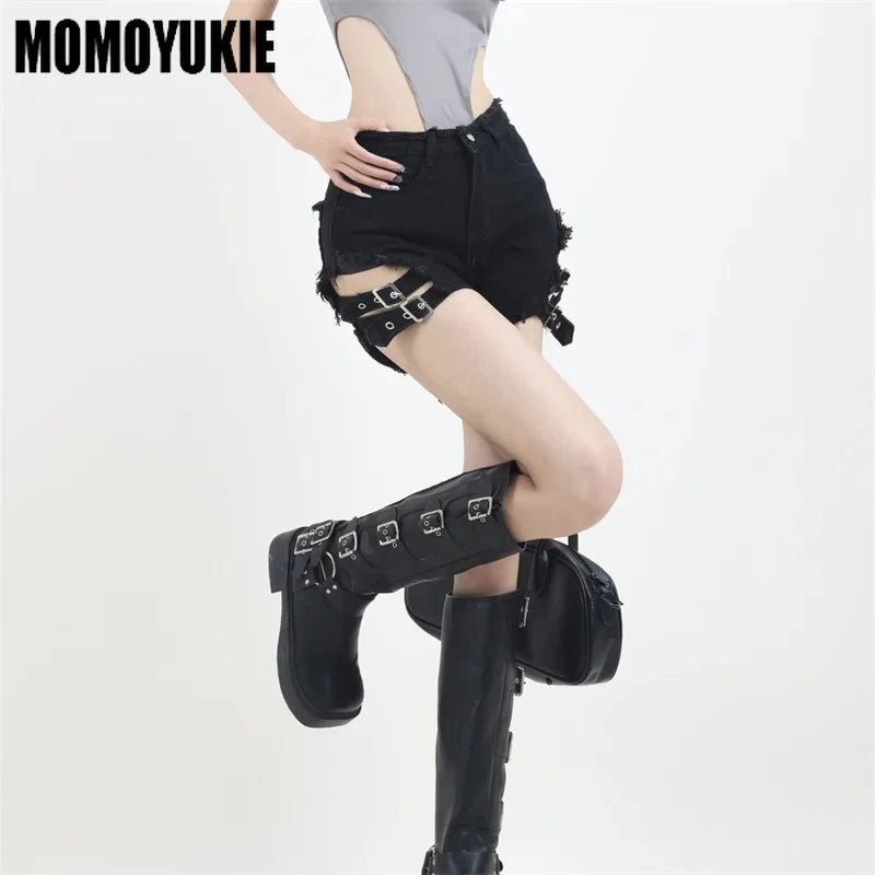 2023 Summer Vintage Trend Hot Girls Harajuku High Waisted Irregular Denim Shorts Goth Rock Sexy Women Shorts Slimming Versatile - reetell