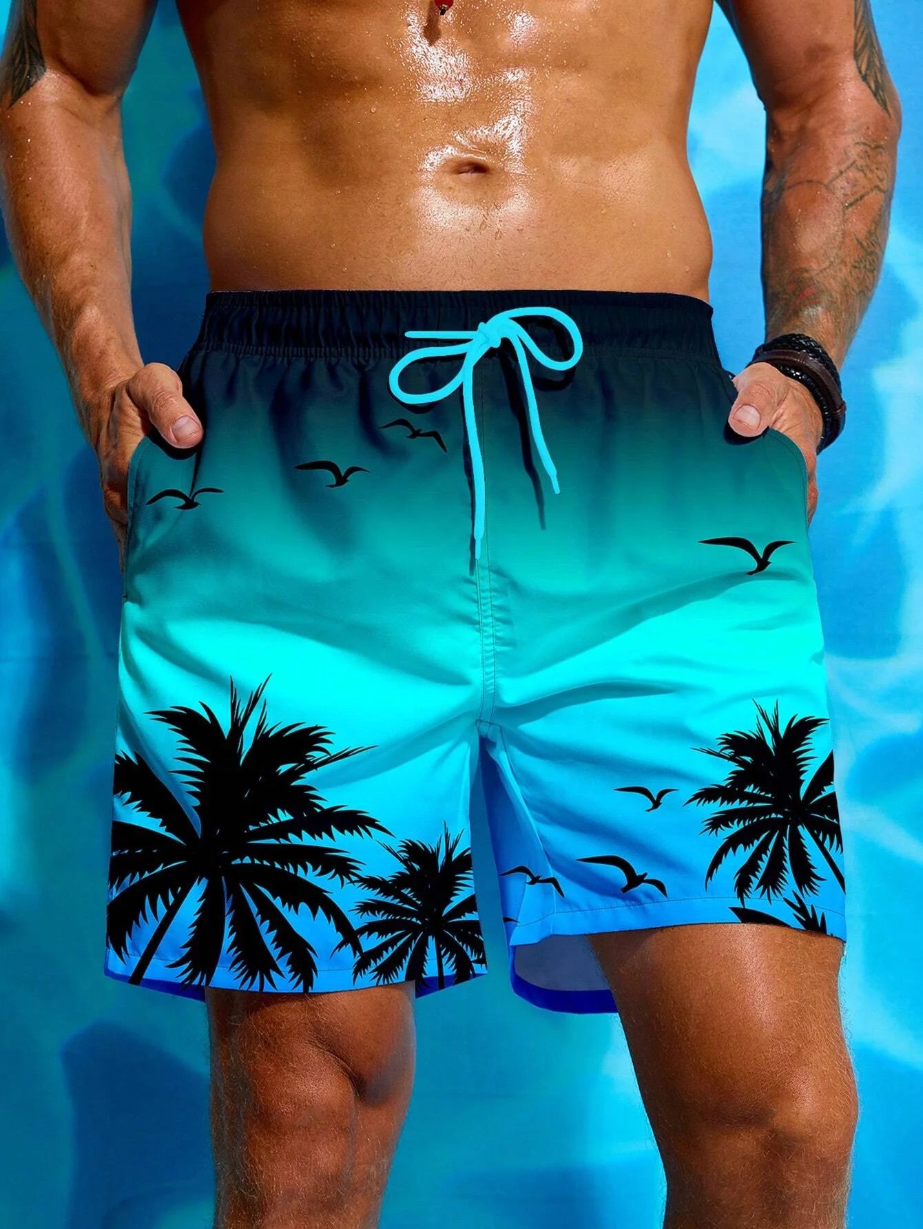 Summer Vacation Men's Palm Tree Print Drawstring Waist Board Shorts Fashion Swim Trunks 3D Print Breathable Short Streetwear - reetell