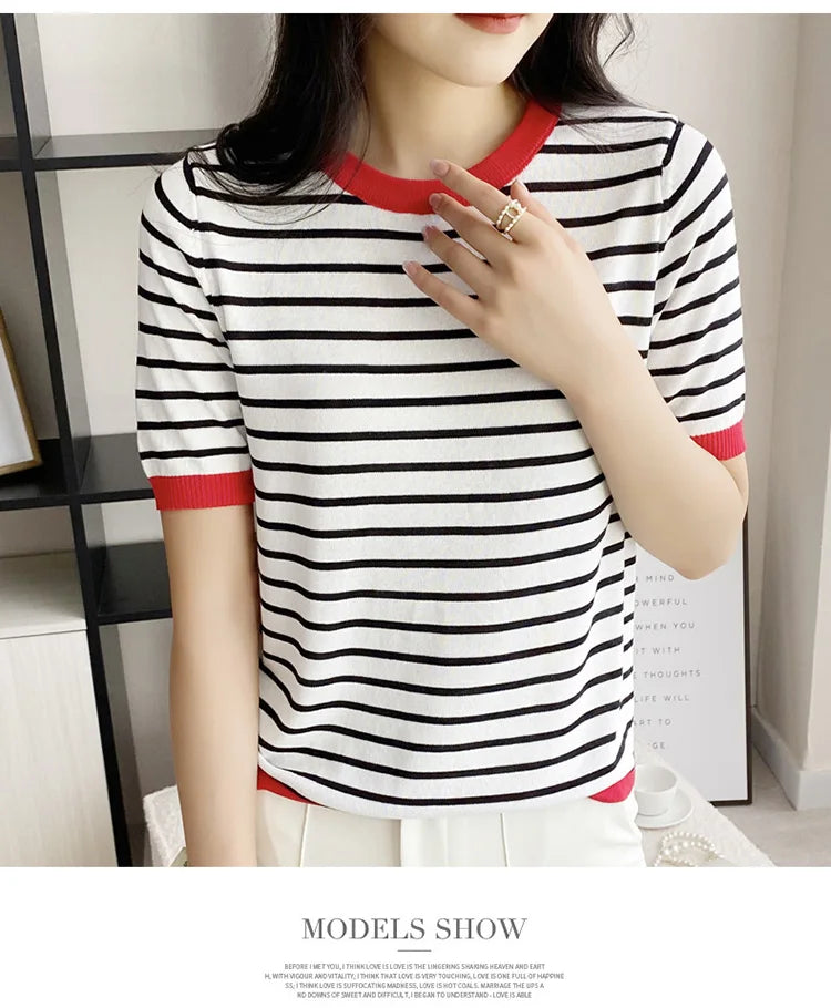 Short Sleeve T-shirts Women Striped Basic Chic Simple All-match Harajuku Retro Cotton O-neck Trendy Loose Leisure Cozy Womens - reetell