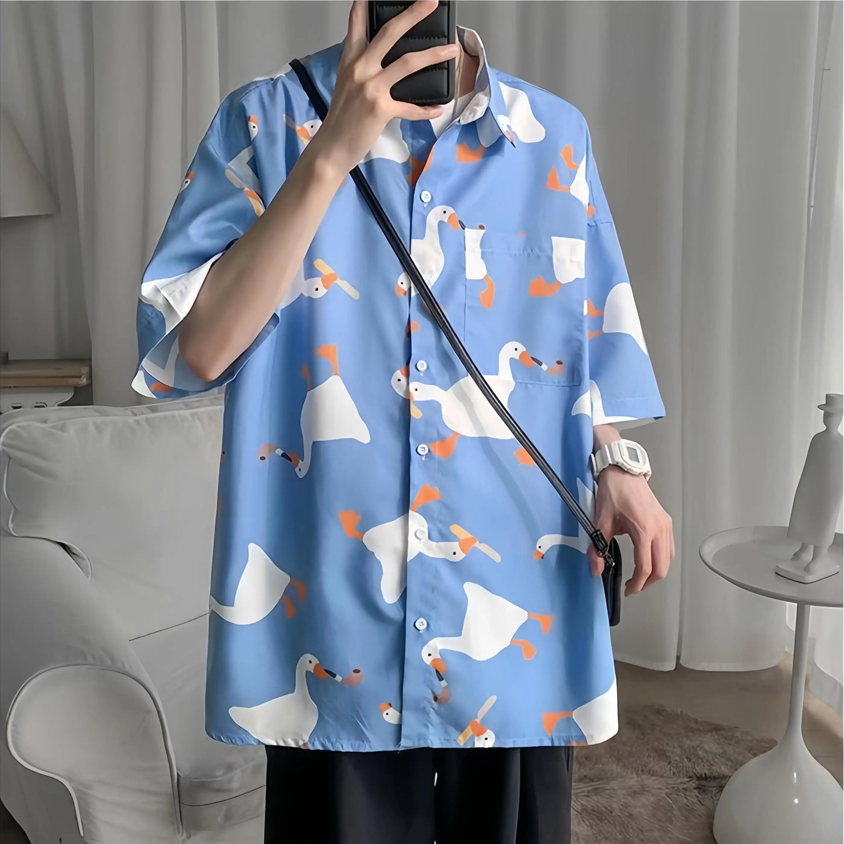 Men's Summer Thin Short Sleeve Shirt Loose Fit Casual Versatile Tops Fashion Goose Print Button Pockets Hawaiian Beach Shirt - reetell