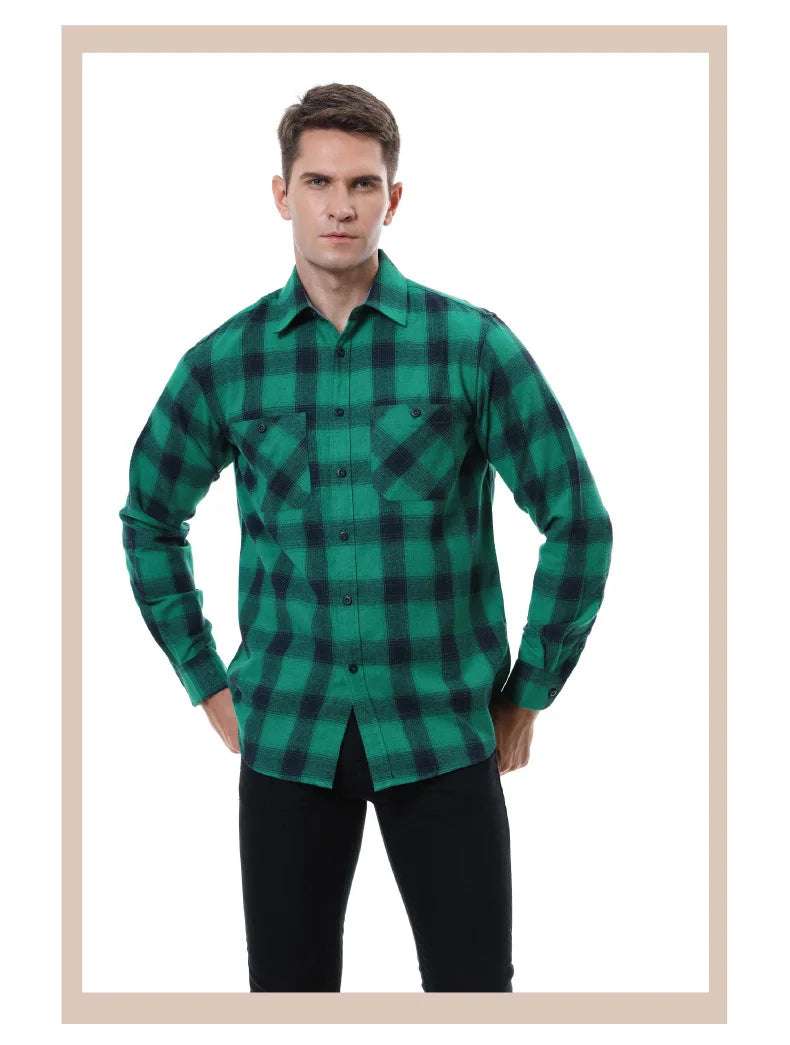 2023New Men Casual Plaid Flannel Shirt Long-Sleeved Chest Two Pocket Design Fashion Printed-Button