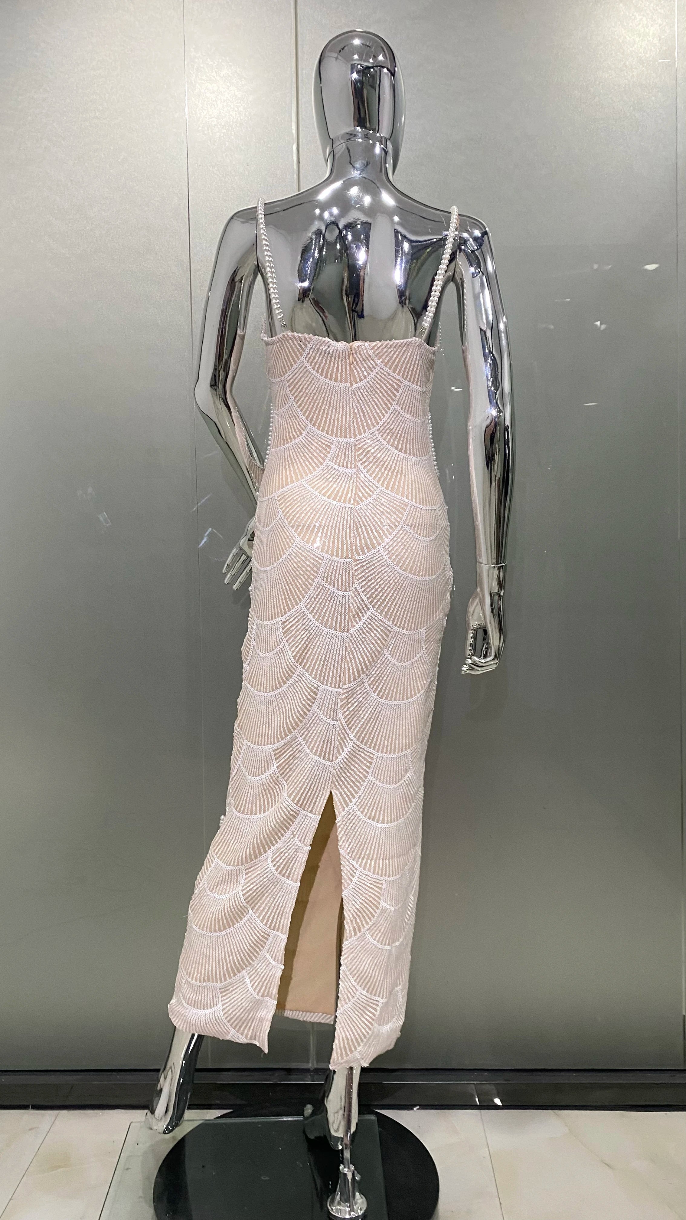 High Quality Women Sleeveless Sexy Strap Pearl Beading Bodycon Mid-calf Dress Fashion Celebrate Birthday Party Evening Dress - reetell