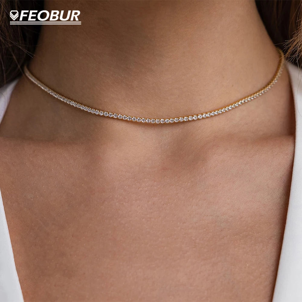 FEOBUR 2mm D Color Moissanite Tennis Choker Necklace for Women S925 Silver Plated 18K Gold Adjustable Full Diamond Neck Chain