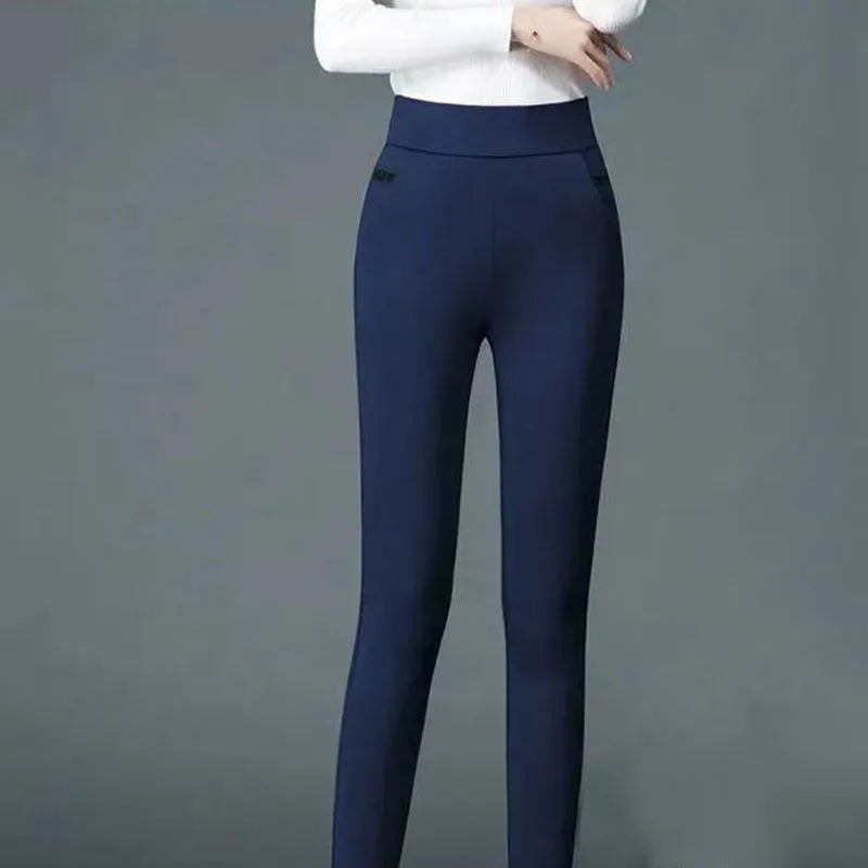 Office Lady Slim Pencil Pants Spring Autumn High Waist Elastic Pockets Solid Elegant Women Casual Fashion Straight Trousers 2022 - reetell